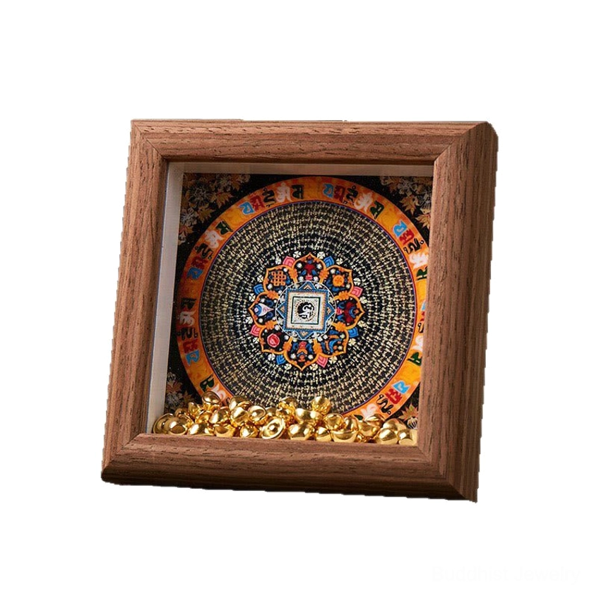 Om Mani Padme Hum thangka frame detail view showing mandala symbolism and craftsmanship