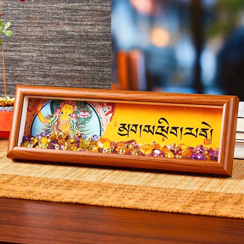 Om Mani Padme Hum Buddhist thangka photo frame with amethyst citrine crystals home meditation decor