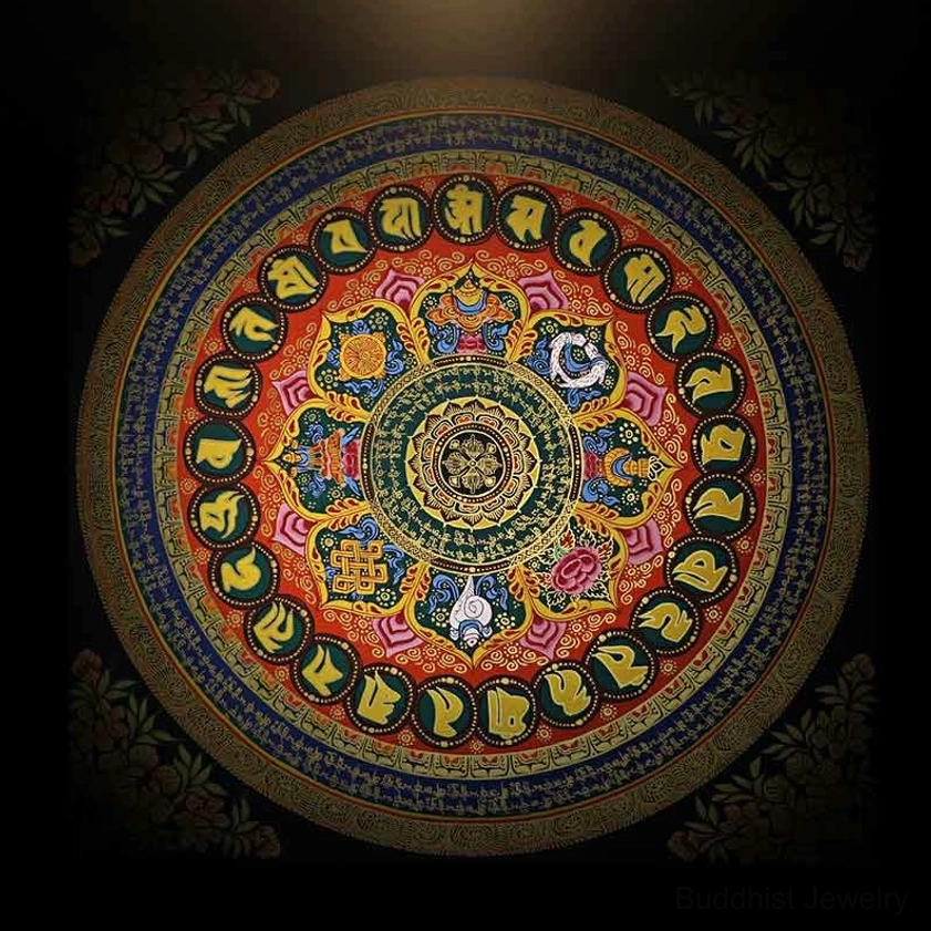 Om Mani Padme Hum thangka mandala with golden accents - premium handmade Buddhist spiritual wall art