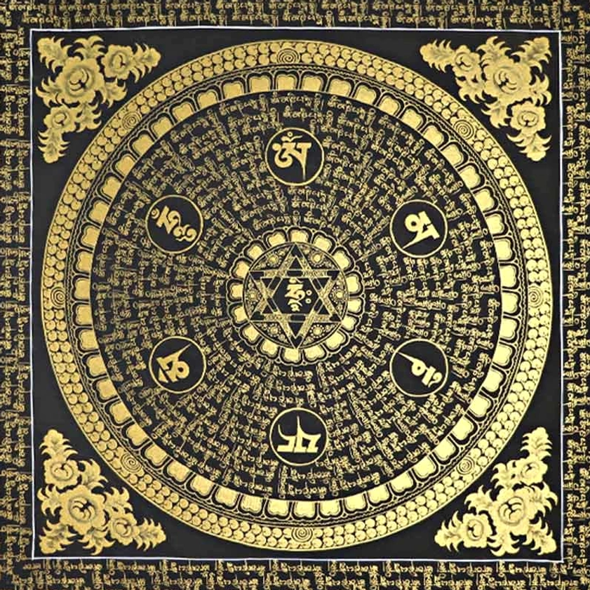 Hand-painted Om Mani Padme Hum thangka meditation art - Buddhist mantra mandala with authentic artisan craftsmanship