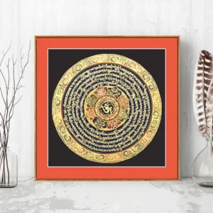 Hand-painted Buddhist thangka scroll with Om Mani Padme Hum mantra in gilded mandala design on black background, displayed in minimalist living room with red frame