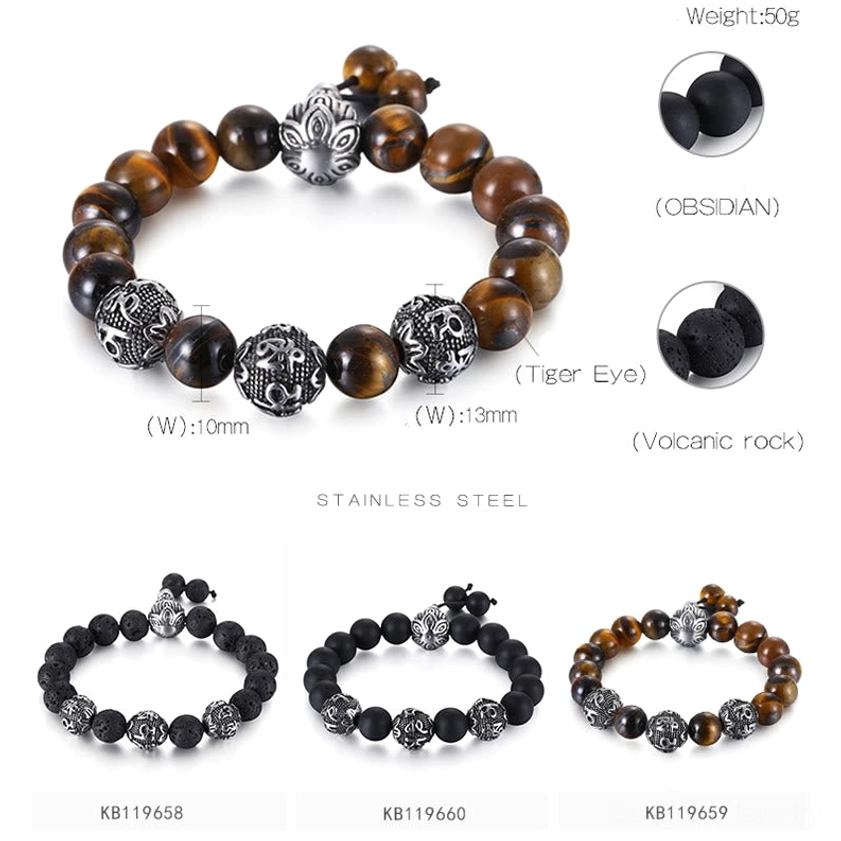 Three-style Buddhist mantra bracelet showcase featuring tiger eye, black obsidian, and lava rock variants with size specifications on white background