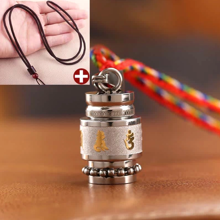 Titanium steel Om Mani Padme Hum amulet necklace with polished silver finish and decorative bead accents