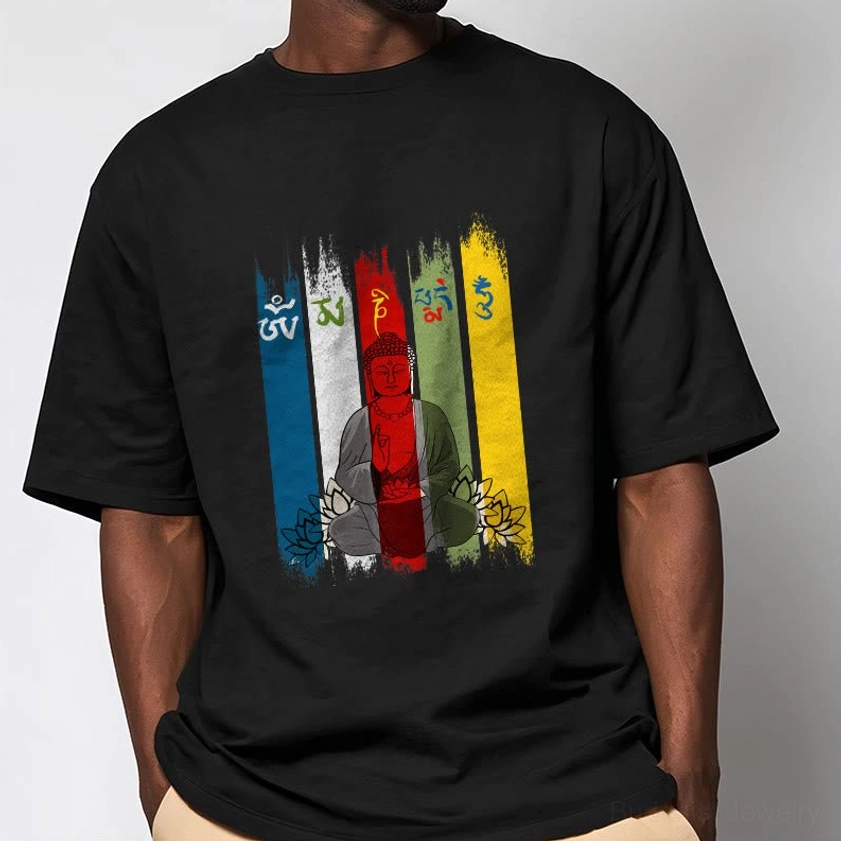 Black Buddhist mantra t-shirt on male model half body front shot showing Om Mani Padme Hum design