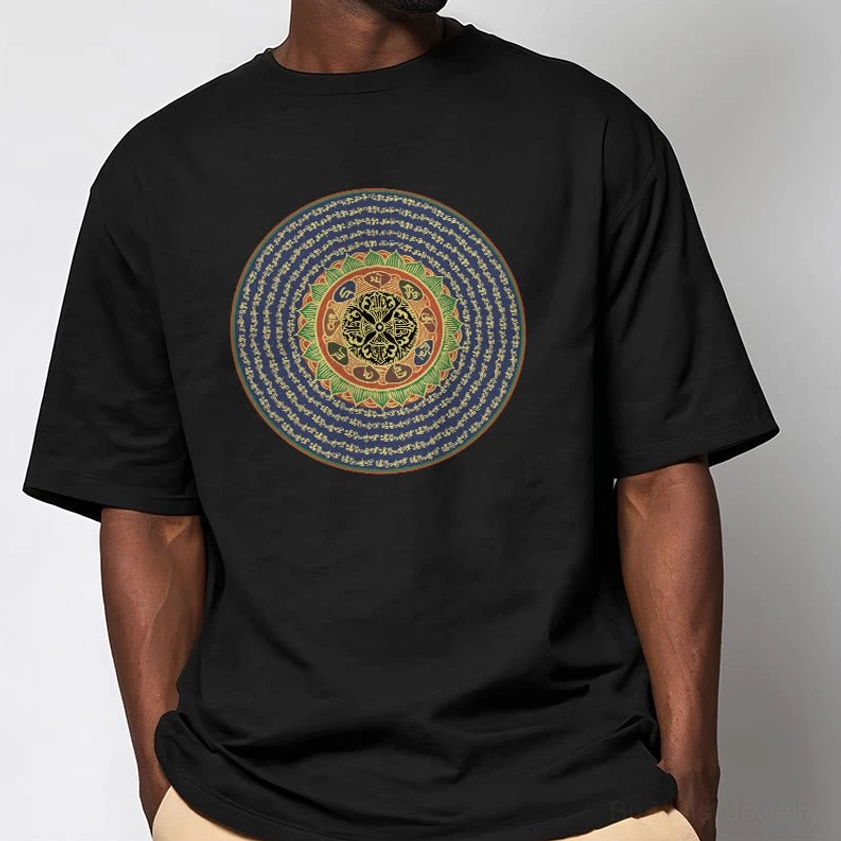 Om Mani Padme Hum buddhist mantra tshirt crew neck short sleeve black background model wear