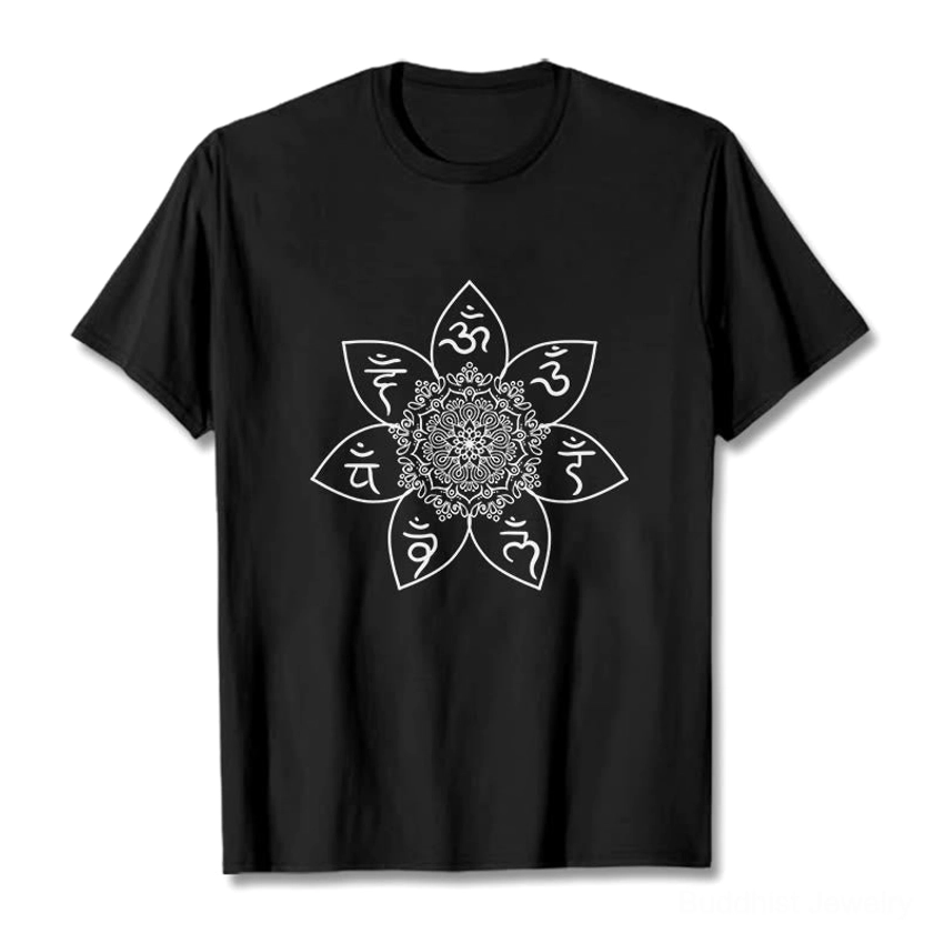Om Mani Padme Hum mandala buddhist t-shirt flat lay black unisex tee with white sacred mantra design crew neck