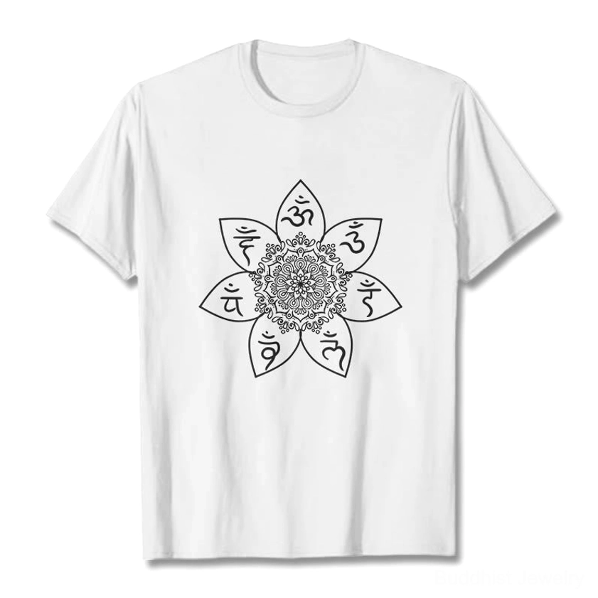 Om Mani Padme Hum mandala buddhist cotton t-shirt flat lay white tee with black sacred Sanskrit design crew neck