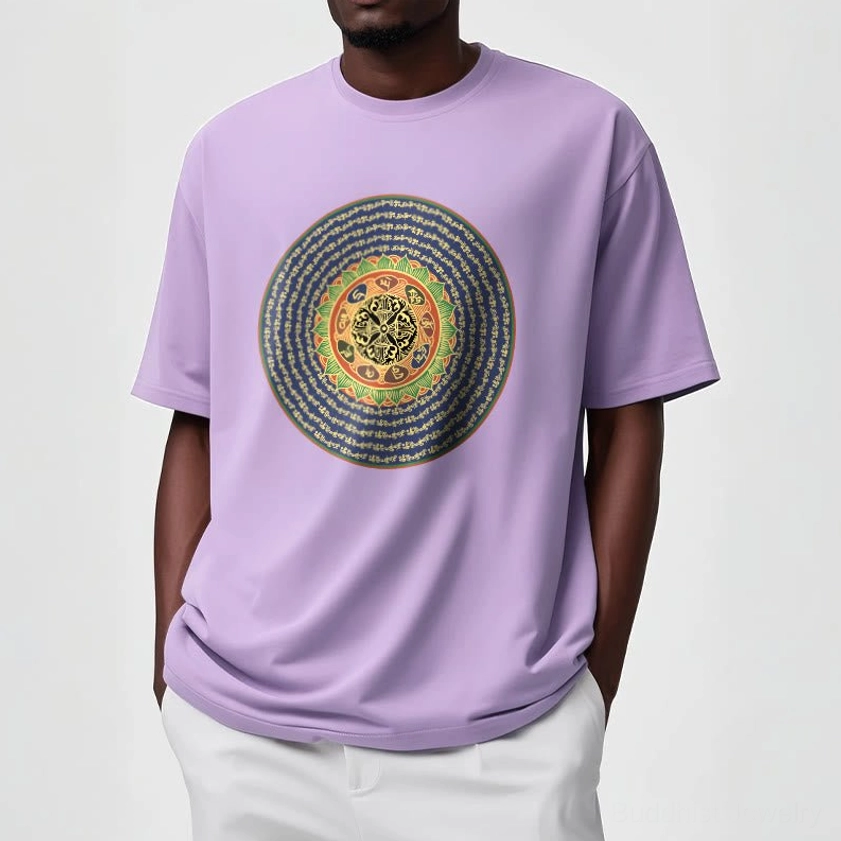 Om Mani Padme Hum sacred buddhist mantra tshirt product lifestyle photography unisex fit