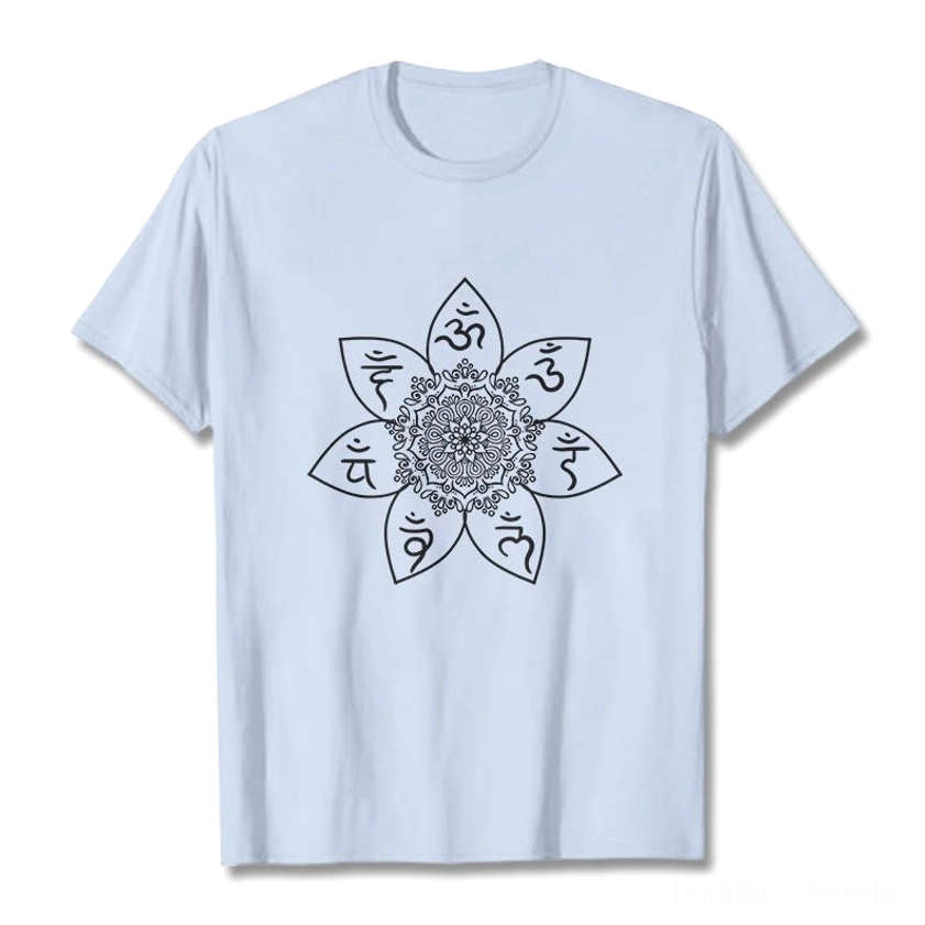 Om Mani Padme Hum mandala spiritual t-shirt light cyan color unisex buddhist tee sacred Sanskrit white print