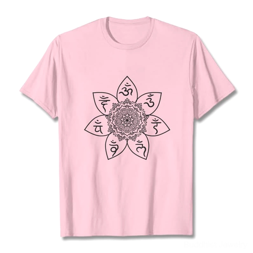 Om Mani Padme Hum mandala t-shirt light grey color flat display spiritual cotton unisex tee design