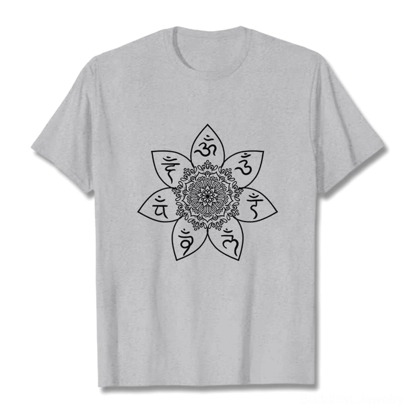 Om Mani Padme Hum mandala buddhist t-shirt light grey color flat lay unisex tee sacred om pattern front view
