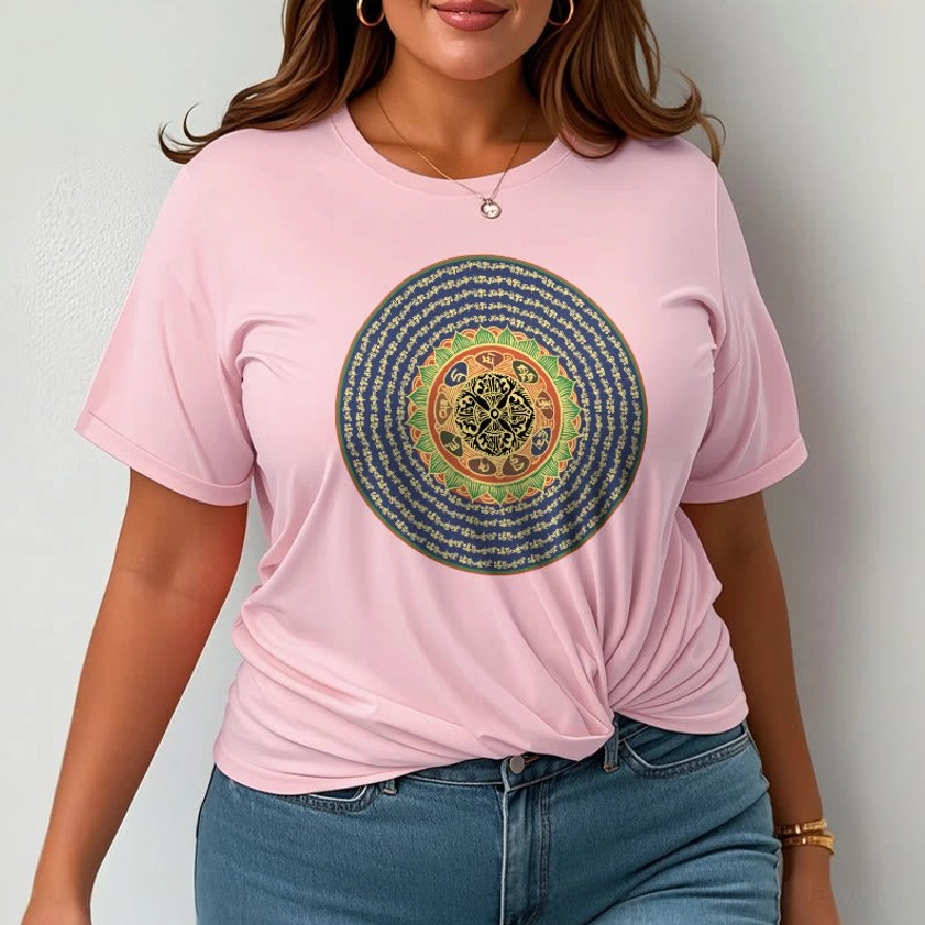 Man wearing om mani padme hum buddhist tshirt spiritual mantra apparel casual style model