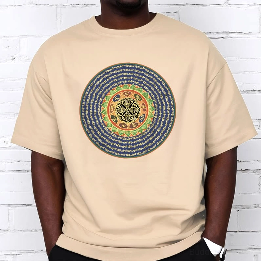 Buddhist spiritual mantra tshirt om mani padme hum model wearing relaxed unisex fit