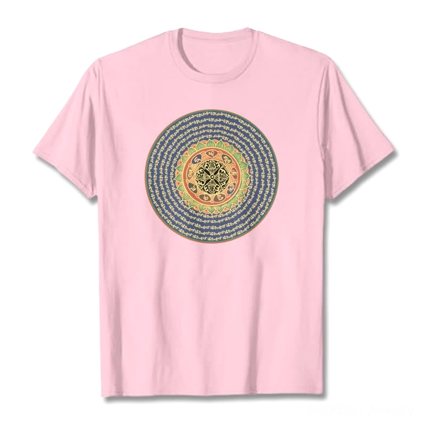 Om Mani Padme Hum sacred mantra tshirt pale green color flat lay showing colorful mandala print