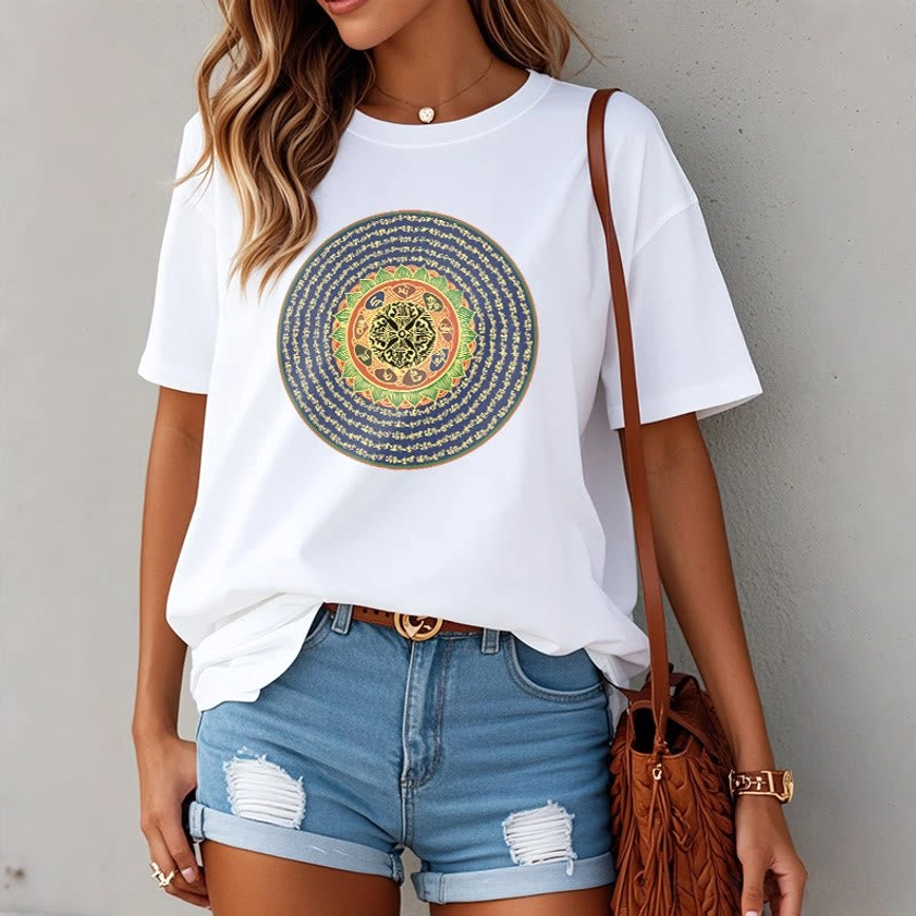 Woman wearing om mani padme hum buddhist mantra tshirt white color with jeans casual styling