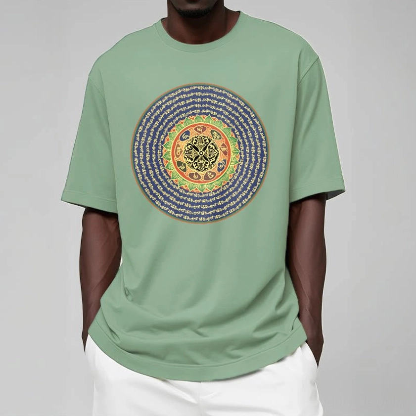 Woman in om mani padme hum buddhist mantra tshirt white model pose casual everyday wear