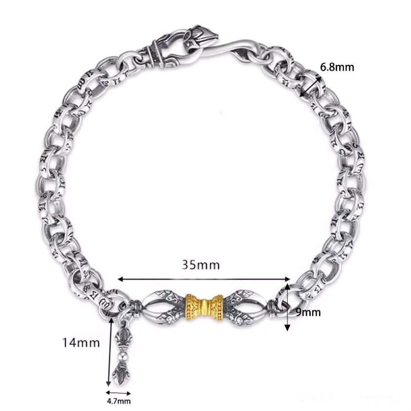 Om Mani Padme Hum Vajra bracelet with dimension measurements flat lay on white background showing size specifications