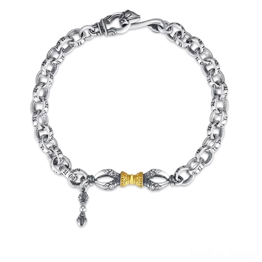 Sacred Om Mani Padme Hum Vajra Buddhist bracelet overhead front view on white background showing mantra chain design