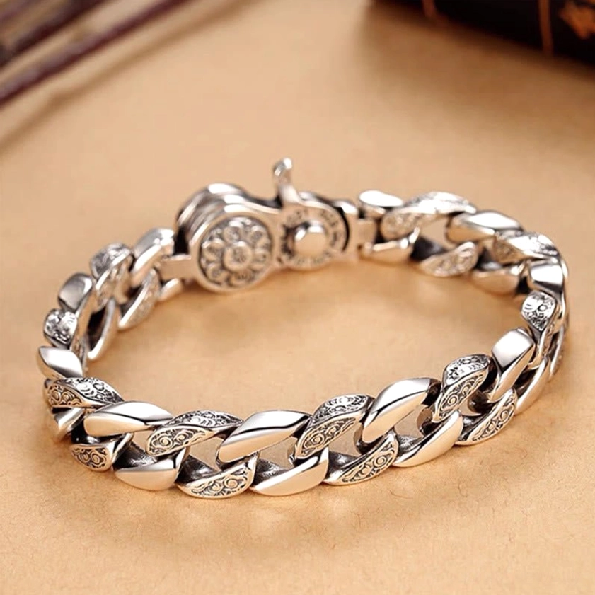 Buddhist Om Mani Padme Hum bracelet side view detail showing engraved chain links and lobster clasp