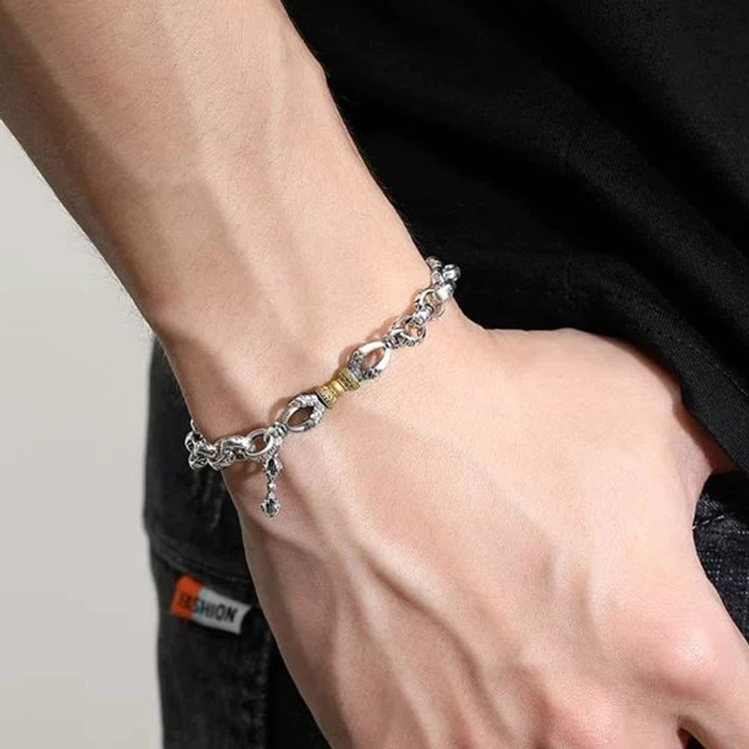 Om Mani Padme Hum Vajra copper bracelet worn on male wrist showing daily wear fit and spiritual design