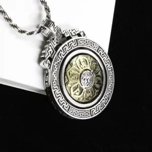 Om Mani Padme Hum rotatable double vajra Buddhist pendant necklace front view with silver frame and gold lotus design