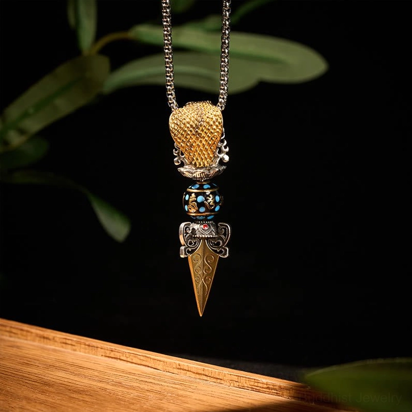 Buddhist Vajra pendant necklace with silver chain - handcrafted copper mantra bead and ornate dagger design