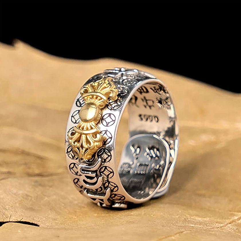 Om Mani Padme Hum Vajra copper silver balance ring three-quarter front view showing engraved mantra and vajra symbol