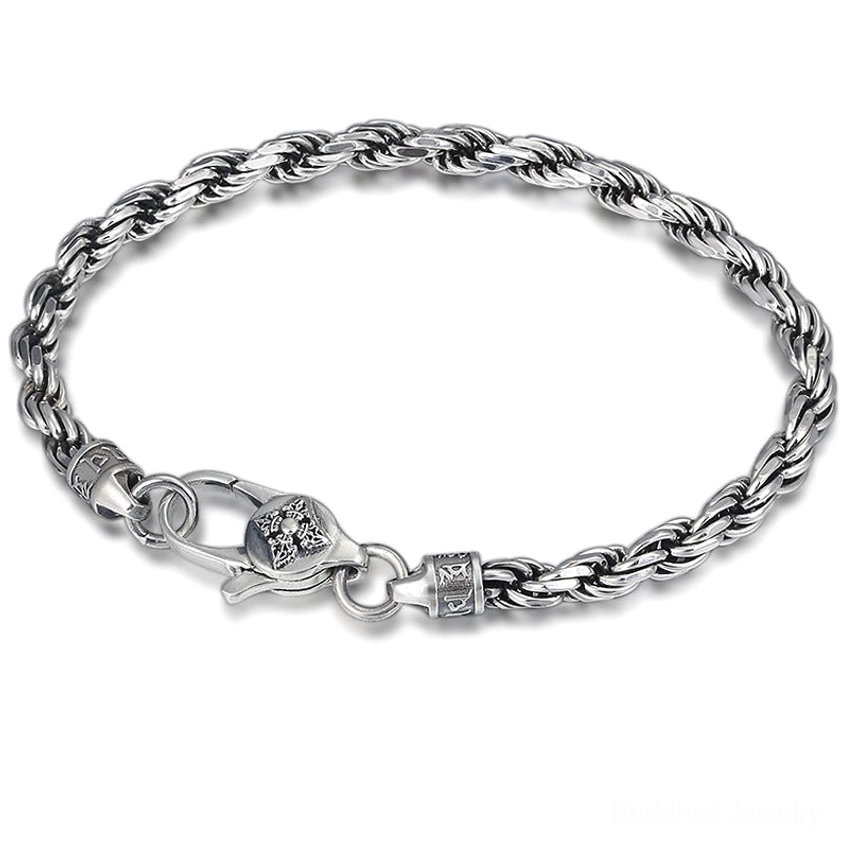Buddhist om mani padme hum sterling silver twisted bracelet front view on white background showing antique finish