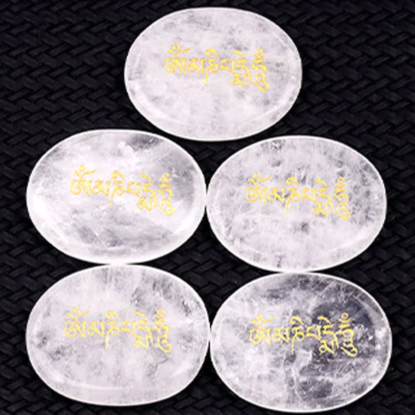 White turquoise Om Mani Padme Hum palm stone with sacred Buddhist text