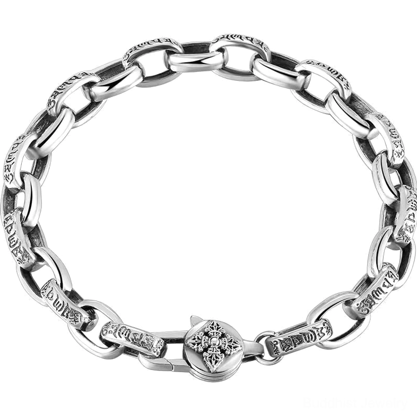 Om Mani Padme Hum wisdom bracelet with round Double Dorje clasp, aged copper finish, and hand-engraved Buddhist script