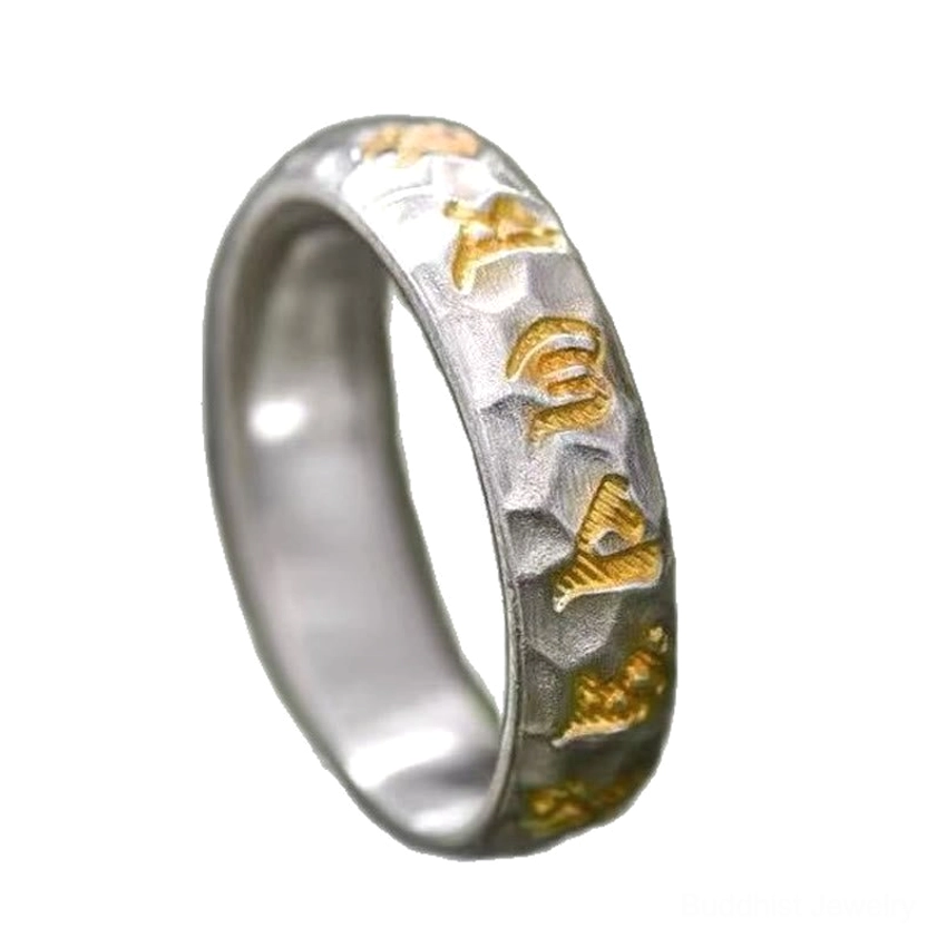 Om Mani Padme Hum prosperity ring lifestyle shot suggesting meditation practice and spiritual daily use