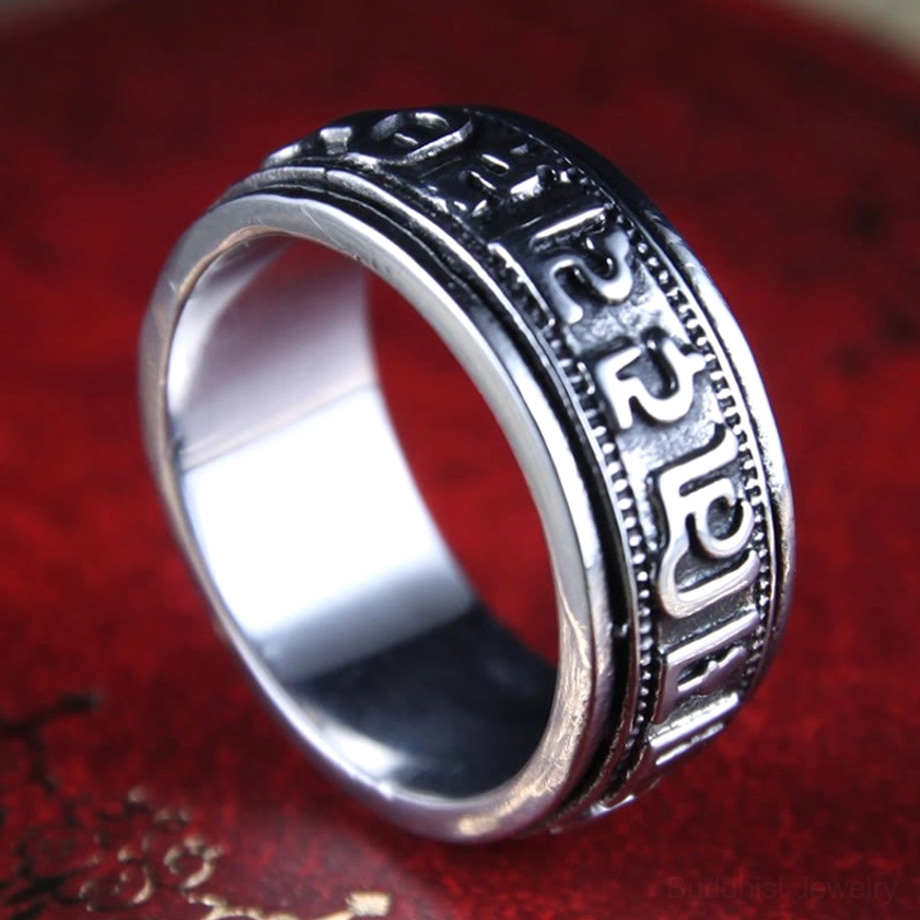 Titanium steel Om Mani Padme Hum spinner ring lifestyle wear showing comfort and style