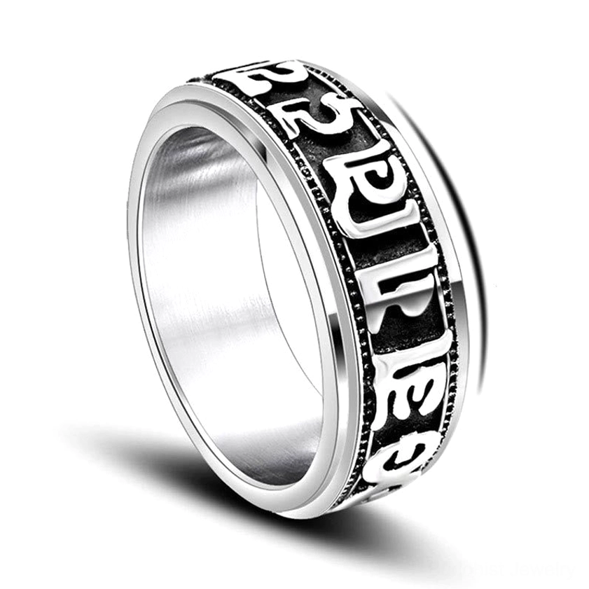 Om Mani Padme Hum titanium steel ring showing smooth rotatable design from overhead angle