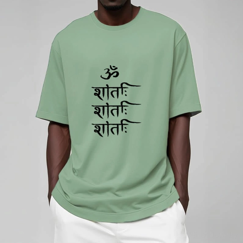 Premium 100% cotton OM mantra Buddhist t-shirt in light cyan with white Sanskrit print, showing fabric quality and texture