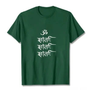 Flat lay front view of dark green OM mantra Buddhist t-shirt with white Sanskrit print on plain studio background