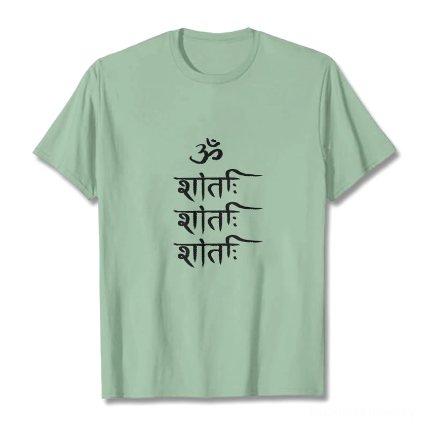 Light cyan OM mantra Buddhist crewneck t-shirt half-body model view displaying fit and print quality
