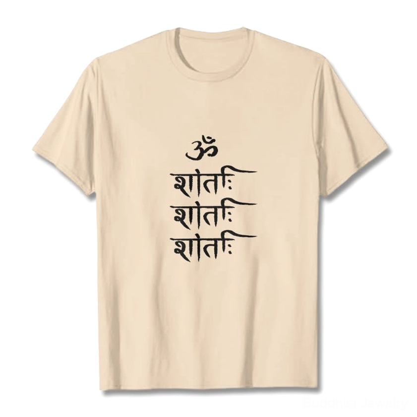 Light grey OM mantra Buddhist t-shirt flat lay front view with white Sanskrit print on neutral background