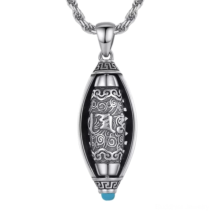 Om Mani Padme Hum pendant necklace front view overhead close-up, complete Sanskrit mantra carving visible, vintage silver finish with blue stone