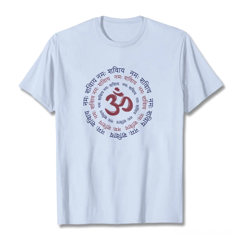 Baby blue OM mantra Sanskrit cotton t-shirt flat lay spiritual tee