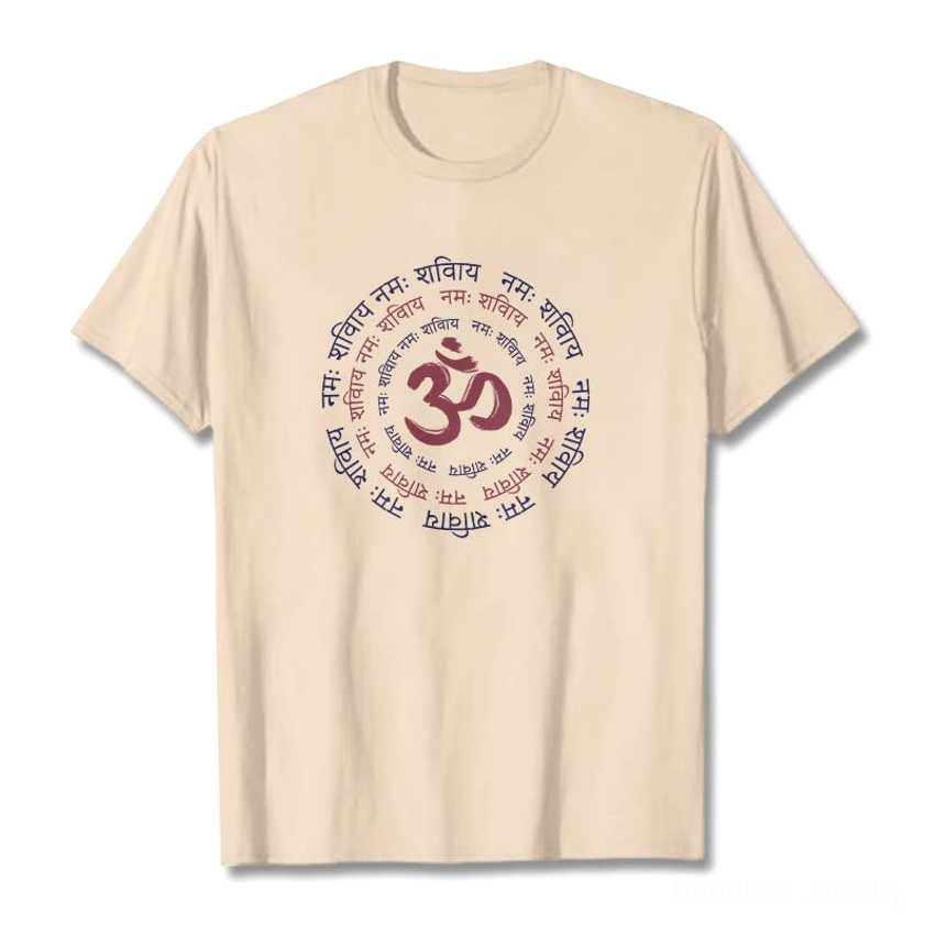 Beige OM mantra Sanskrit printed cotton t-shirt flat lay minimalist design