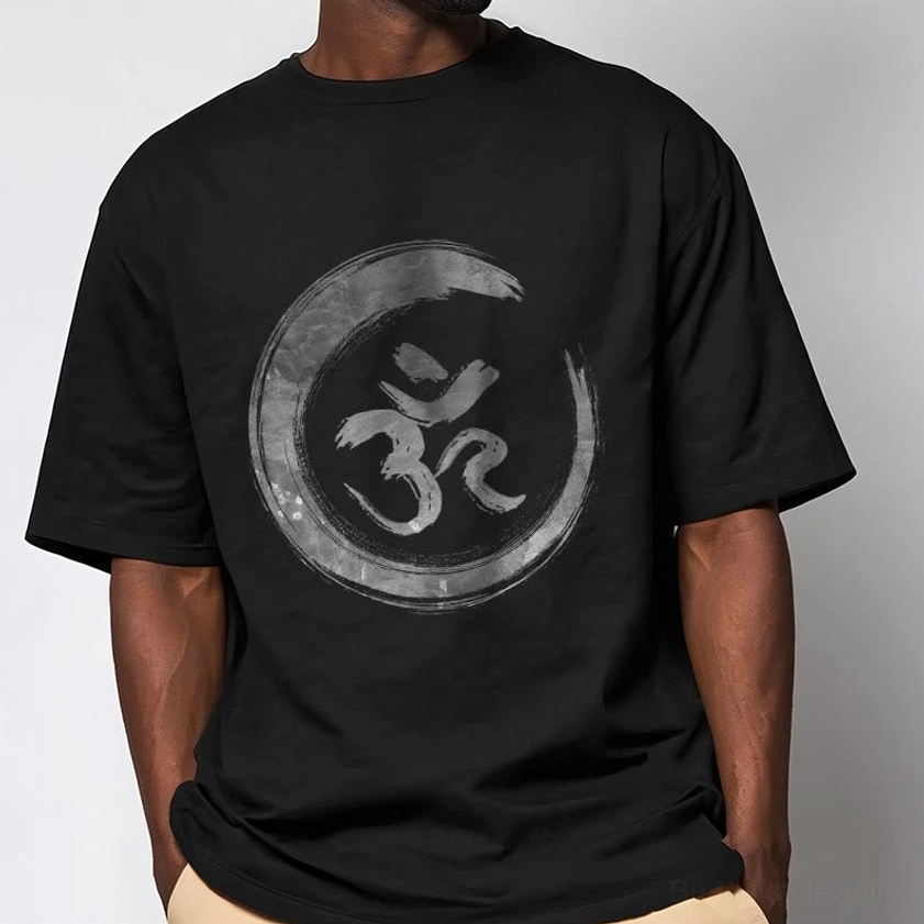 Men's OM Sanskrit mantra spiritual t-shirt in black, relaxed fit casual wear on male model