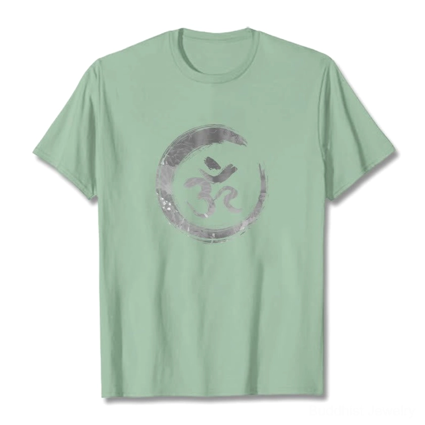 Cream colored OM mantra Buddhist t-shirt with grey Sanskrit design, soft cotton texture