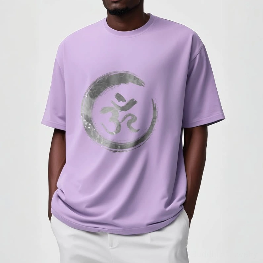 Unisex OM mantra Buddhist tee in neutral earth tones, mindful fashion meditation wear