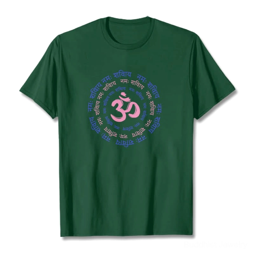 Forest green OM mantra Sanskrit printed cotton t-shirt flat lay design