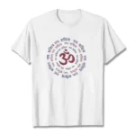 OM mantra Sanskrit printed cotton t-shirt front flat lay white background spiritual design