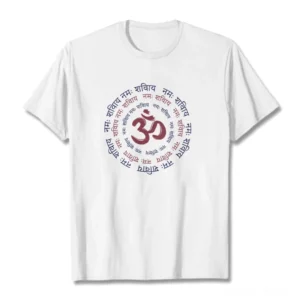 OM mantra Sanskrit printed cotton t-shirt front flat lay white background spiritual design