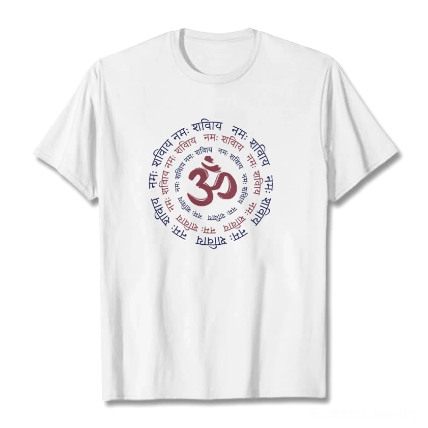 OM mantra Sanskrit printed cotton t-shirt front flat lay white background spiritual design