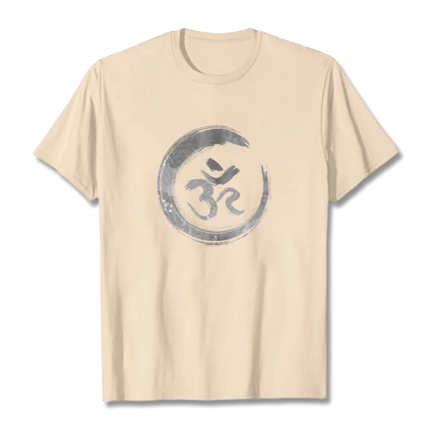 Khaki OM mantra Buddhist cotton t-shirt with grey Sanskrit design, flat lay neutral background