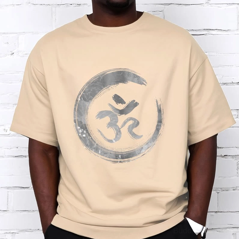 Men's khaki OM mantra spiritual t-shirt with large grey print, casual street wear brick wall