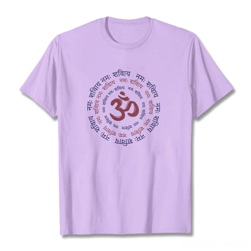 Lavender OM mantra Sanskrit printed cotton t-shirt front flat lay